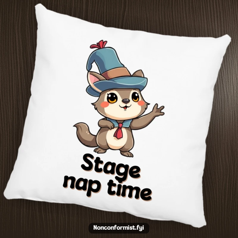 Soft, funny pillow showcasing an animal character in an eccentric hat, striking a dramatic pose for humorous decor.
