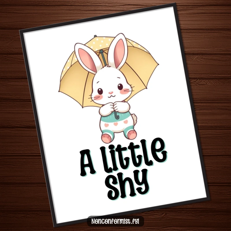 Funny digital art print of a shy bunny with mismatched socks and umbrella, an instant funny gift.