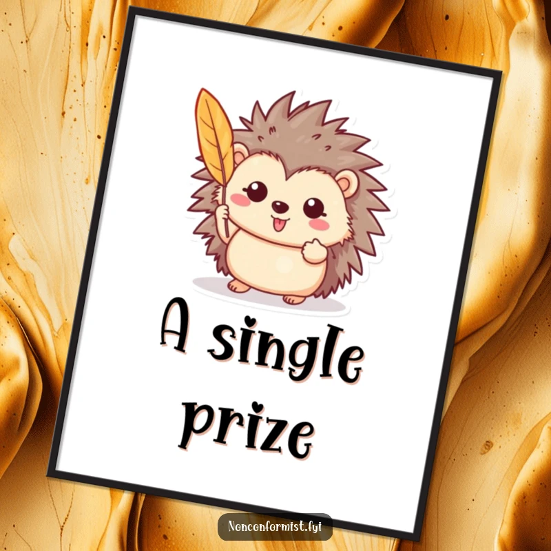 Funny digital art of a cheerful hedgehog character proudly displaying a single, brightly colored feather, radiating charm.