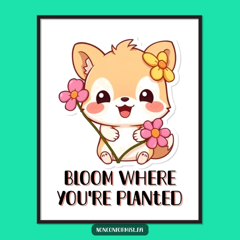 Funny Flower Art Print: Whimsical Animal Character Decor, Humorous Gift Download