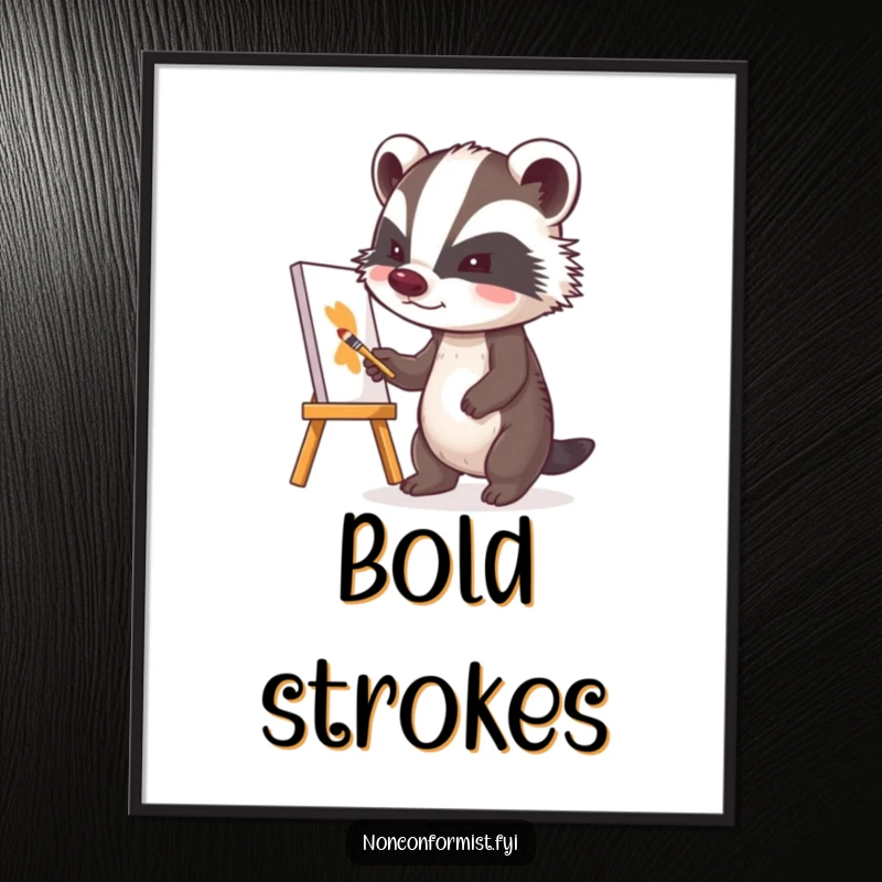 Funny badger character painting a lopsided canvas with a determined expression, presented as a humorous digital art print.