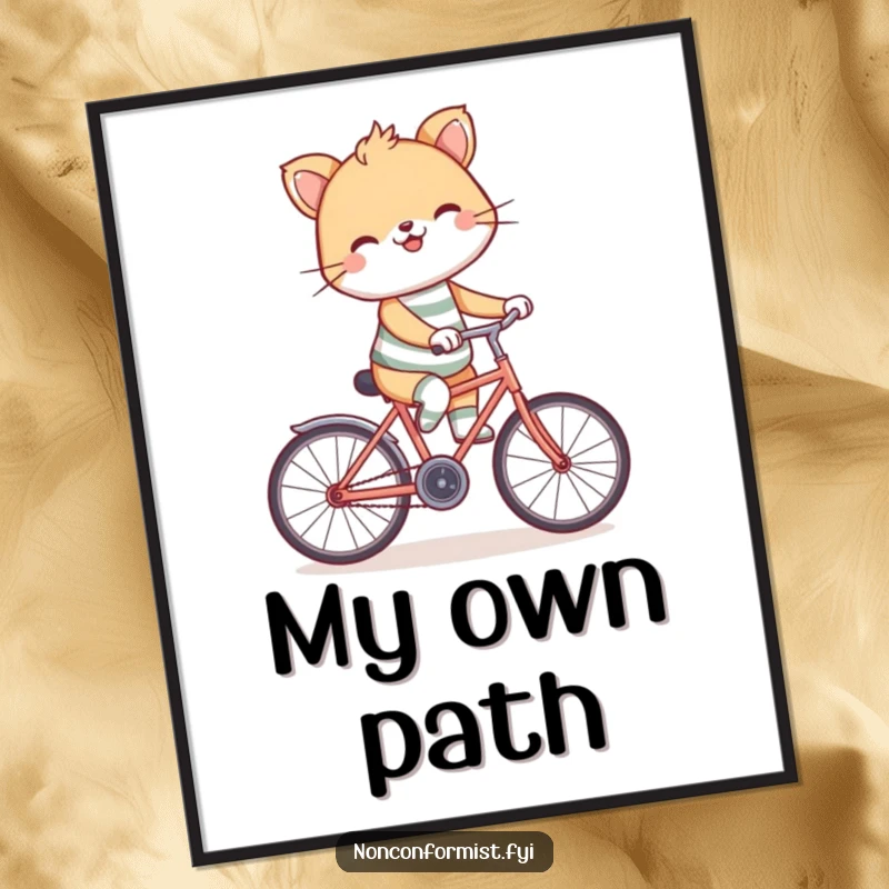 Funny backward bicycle digital art print showing a grinning animal in mismatched socks, hilariously riding a bike backwards.