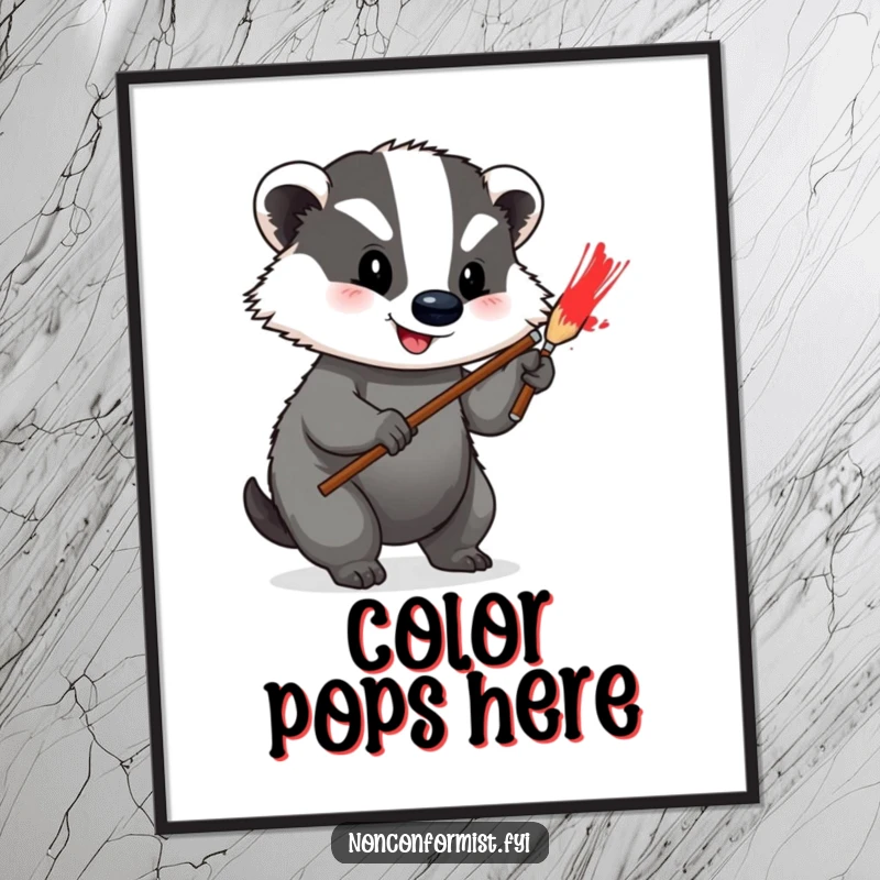 Funny Digital Art Print of a happy badger painting a bright red stripe on its grey fur, ready for instant décor.