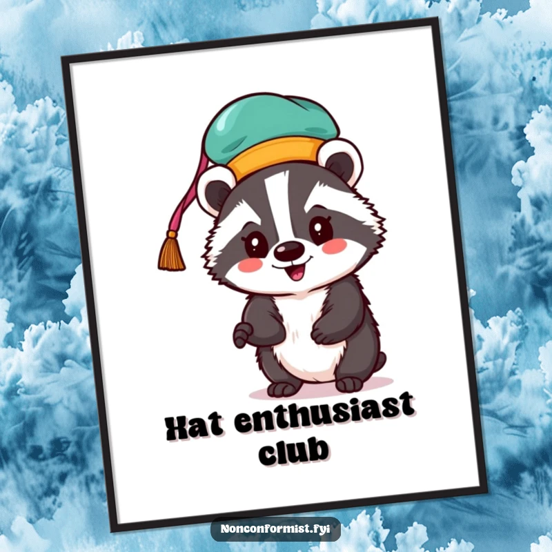 Funny badger digital art print of an enthusiastic badger wearing a brightly colored, unconventional hat.