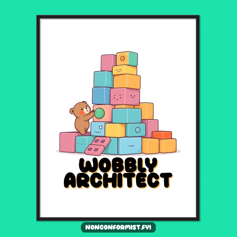Funny Bear Digital Art: Tower Builder, Colorful Blocks Art, Perfect Funny Gift