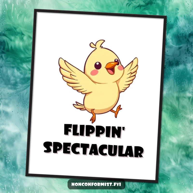 Funny digital art print of a spirited bird character joyfully chirping while performing an aerial flip, instantly downloadable.