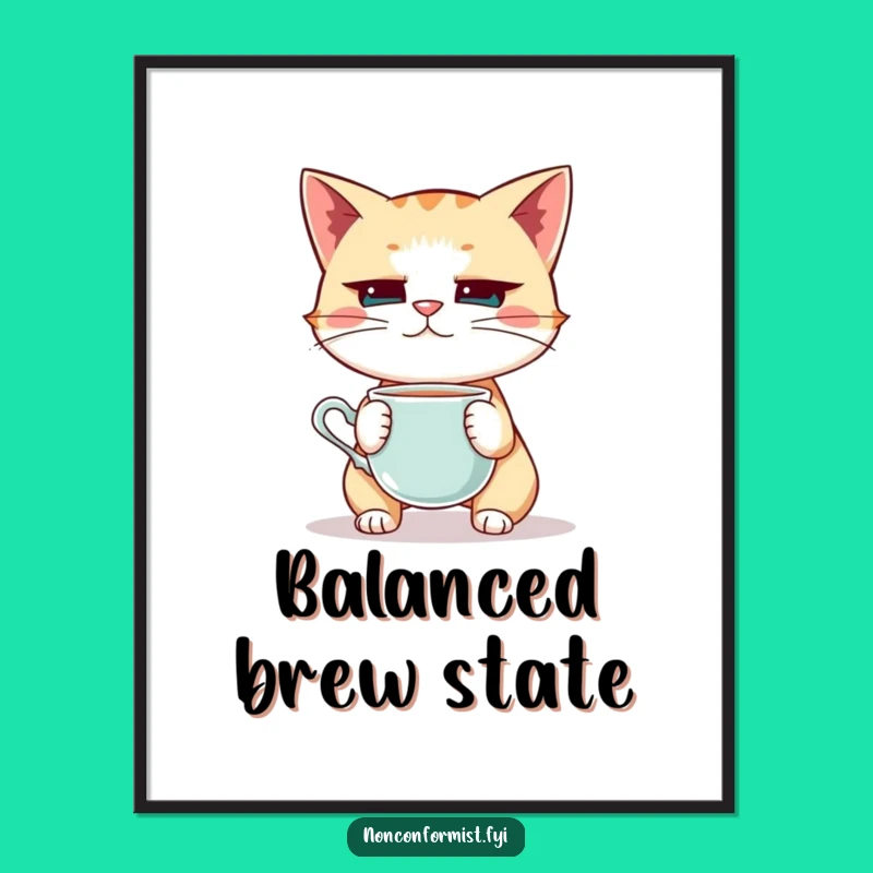 Funny Cat Teacup Balance Digital Print: Instant Quirky Wall Art