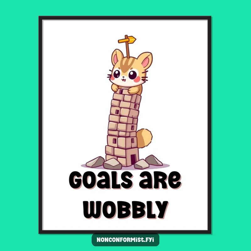Funny Determined Cat Art Print: Leaning Tower Design for Humorous, Determined Wall Decor Gift