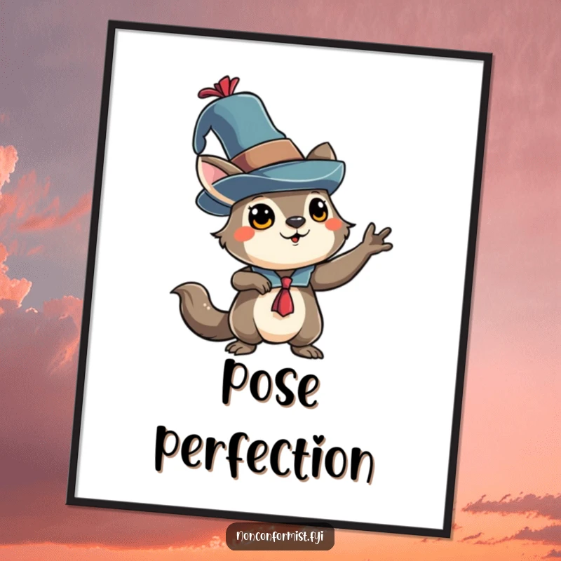 Digital art print of a funny animal character in an eccentric hat, striking a dramatic pose for instant decor.