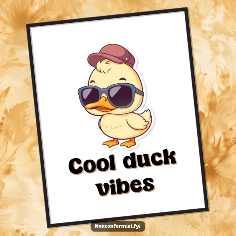 Funny Duck Digital Art Print: A cool duck wearing oversized sunglasses and a jaunty cap, vibrant and humorous, ready to download.