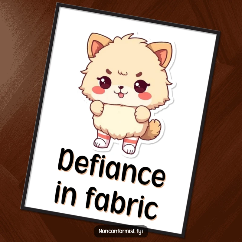 Funny Digital Art Print: Fluffy animal wearing odd socks, looking proudly defiant, a humorous and downloadable artwork.