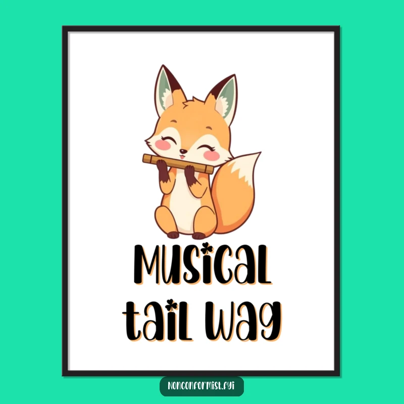 Funny Fox Flute Tail Digital Art: Musical Character, Instant Melody Gift