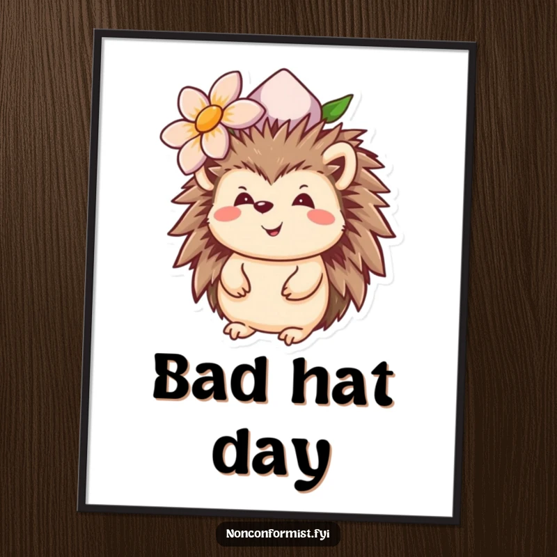 Funny hedgehog digital art print showing a happy character with an upside-down flower hat, ideal for instant humorous decor.