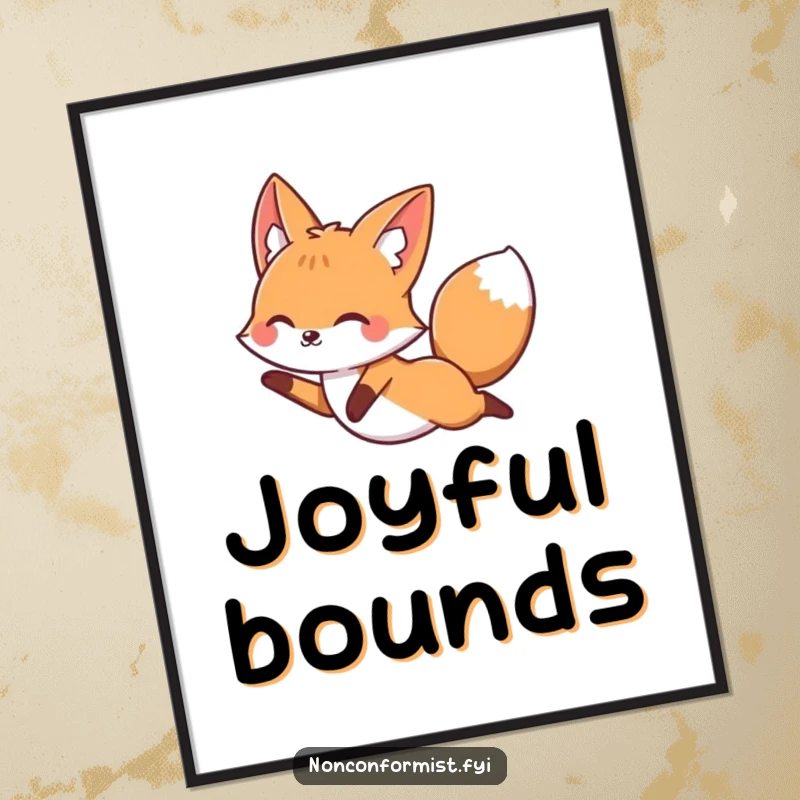 Funny fox character joyfully leaping over a perfectly straight line, presented as a vibrant digital art print.