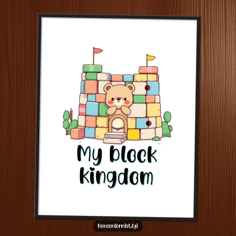 Funny Little Bear Digital Art Print: A small bear character joyfully builds a fort from oversized colorful blocks, a humorous and charming illustration.