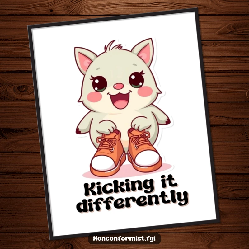 Funny Digital Art Print: A quirky creature confidently wearing two completely different shoes, symbolizing individuality and humor.