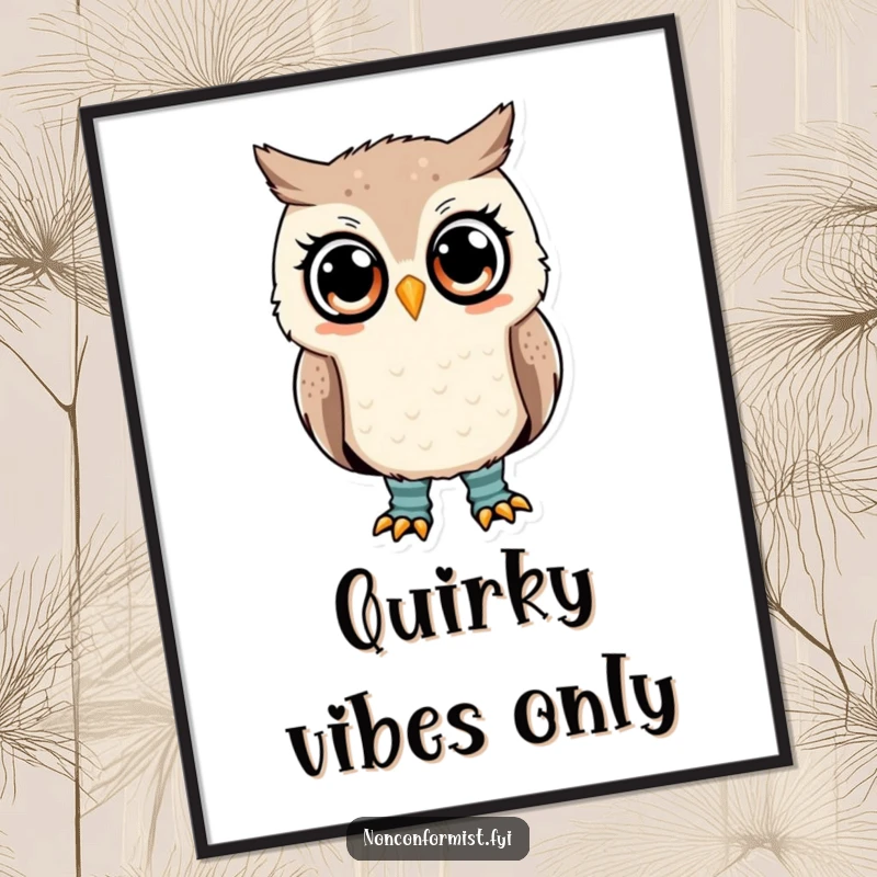 Funny owl digital art print of a cute owl wearing mismatched socks, looking confused, downloadable.