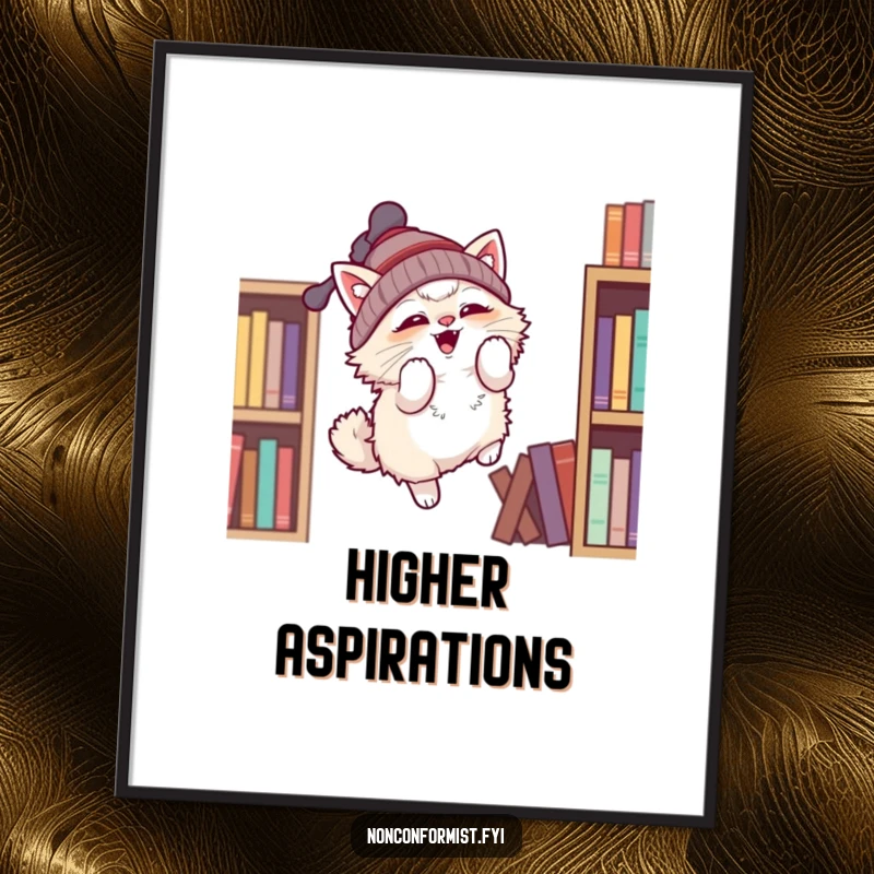 Funny digital art print of a fluffy cat in a propeller beanie attempting flight, an instant funny gift.