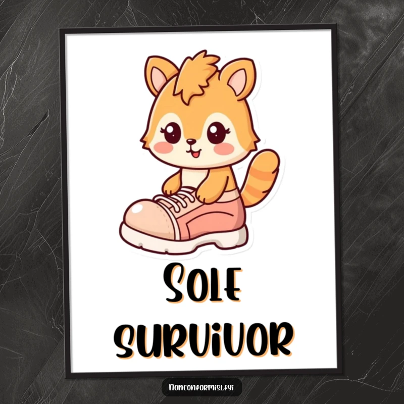 Funny digital art print of a quirky monkey with a cheerful smirk, wearing one massive oversized shoe, exuding playful mischief.