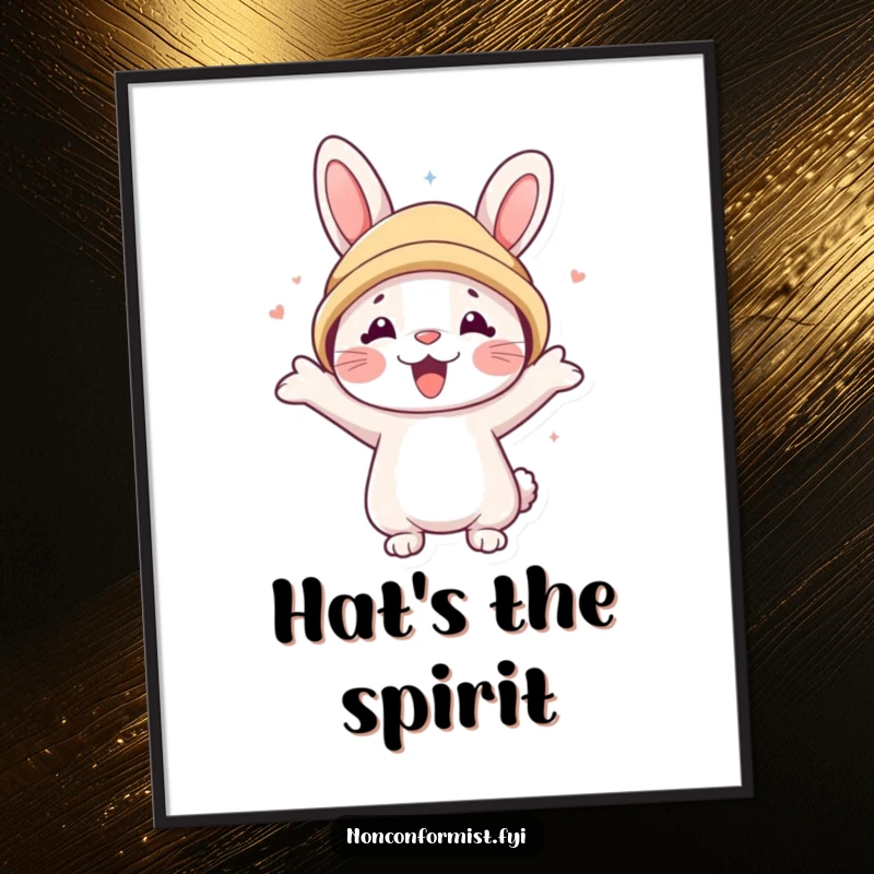 Funny digital art of a cute rabbit character joyfully wearing a large bear hat, radiating pure happiness and fun.