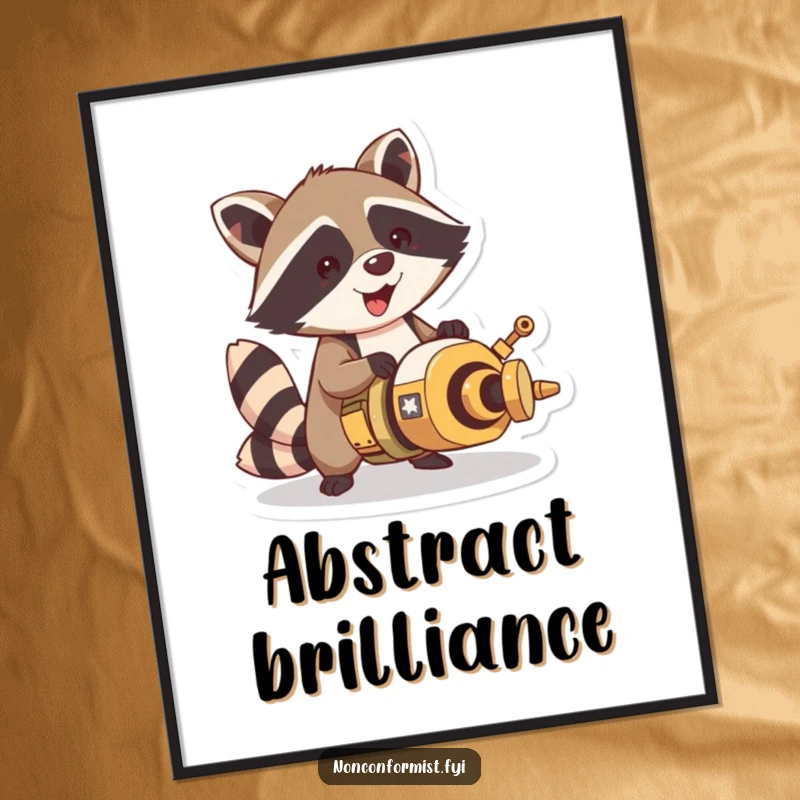 Funny raccoon character depicted excitedly building a unique, wonderfully strange contraption, perfect for digital art enthusiasts.