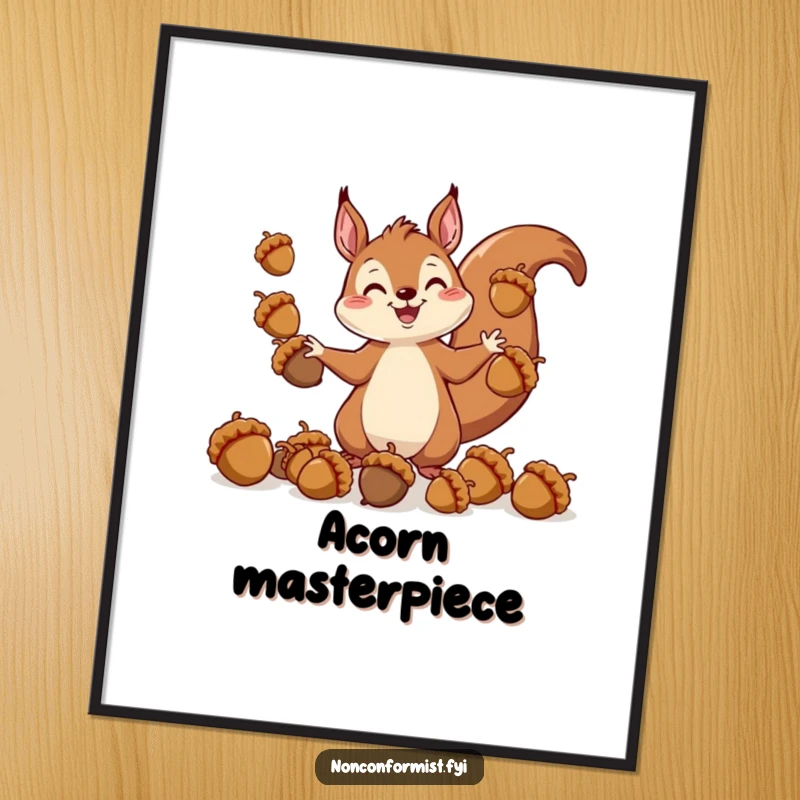 Funny digital art print of a cheerful squirrel energetically juggling a collection of oddly sized acorns, full of whimsy.