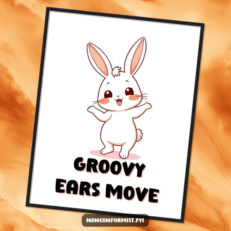 Funny digital art print of a cute bunny doing a silly dance with mismatched ears, perfect for adding vibrant, humorous decor.