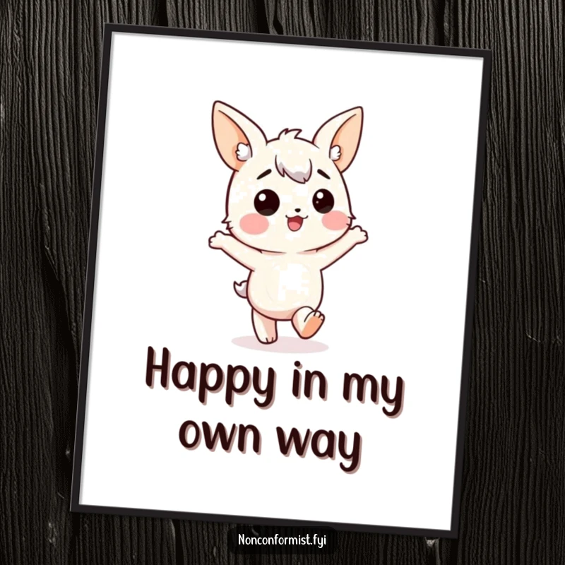 Funny Digital Art Print: Character with mismatched ears, marching happily in the wrong direction, whimsical and humorous decor.