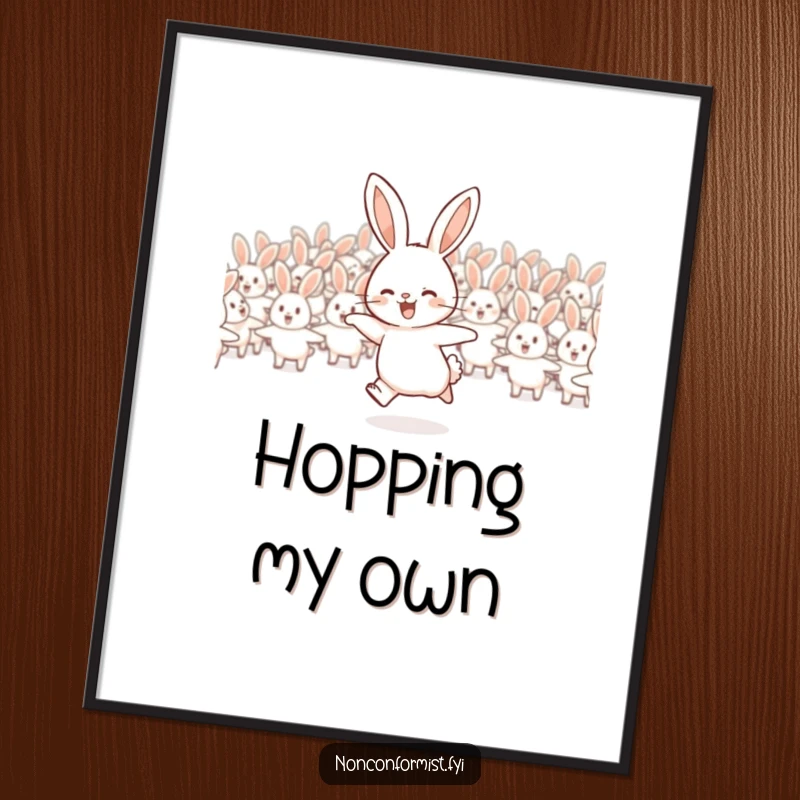 Funny rabbit digital art print of a joyful rabbit hopping away from a flock, downloadable.