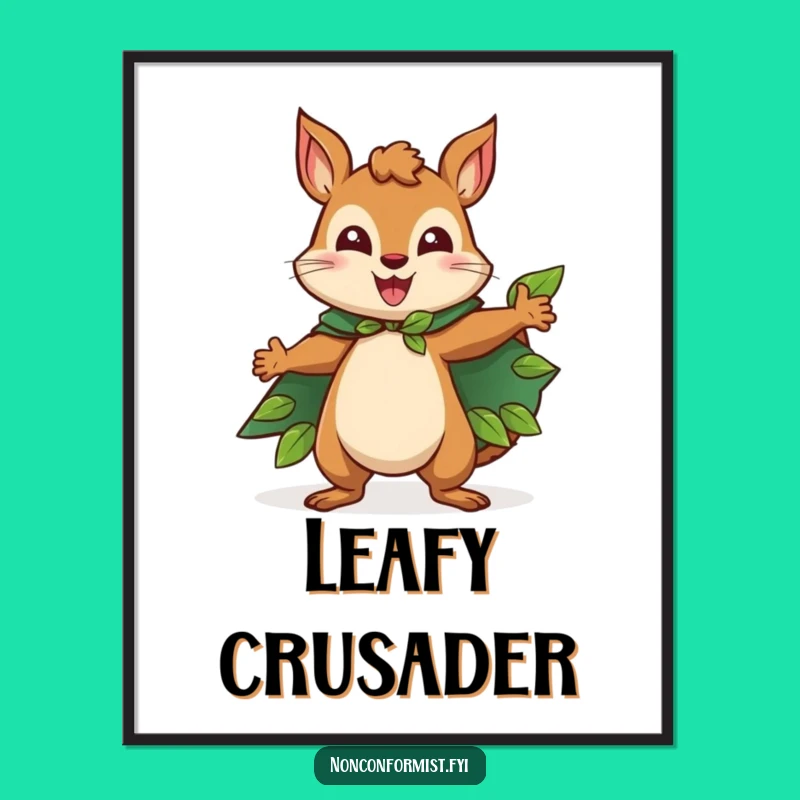 Funny Squirrel Digital Art: Leaf Cape Hero, Forest Pose Art, Perfect Funny Gift