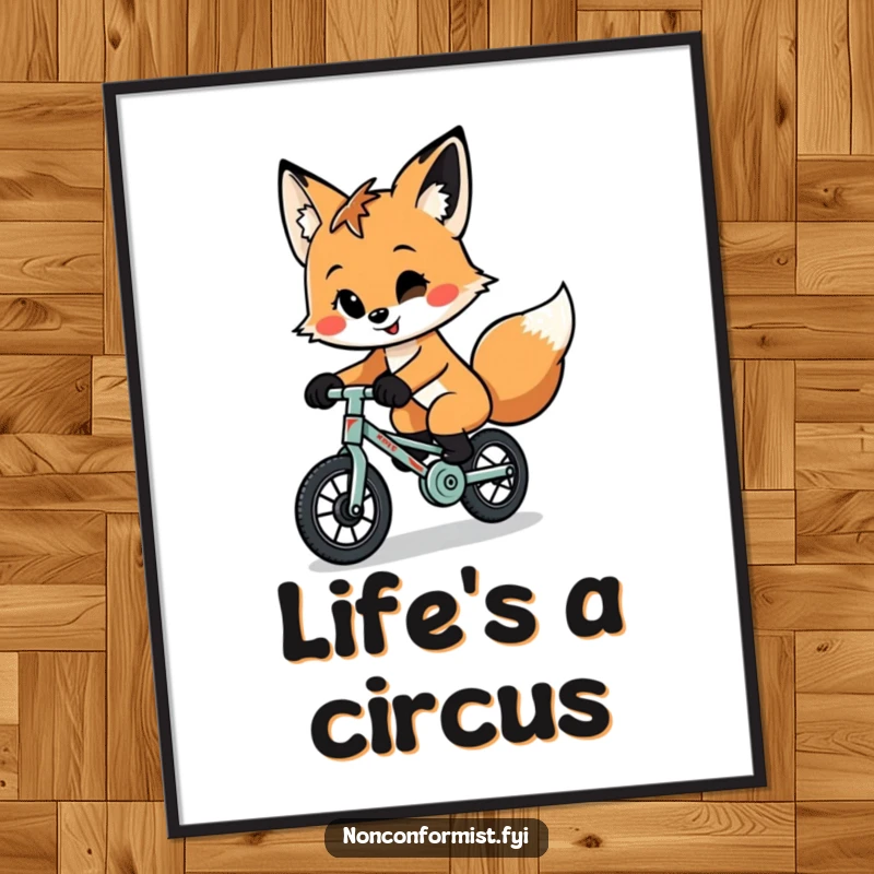 Funny quirky fox with a playful smirk riding a tiny, patched-up unicycle, presented as a downloadable digital art file.