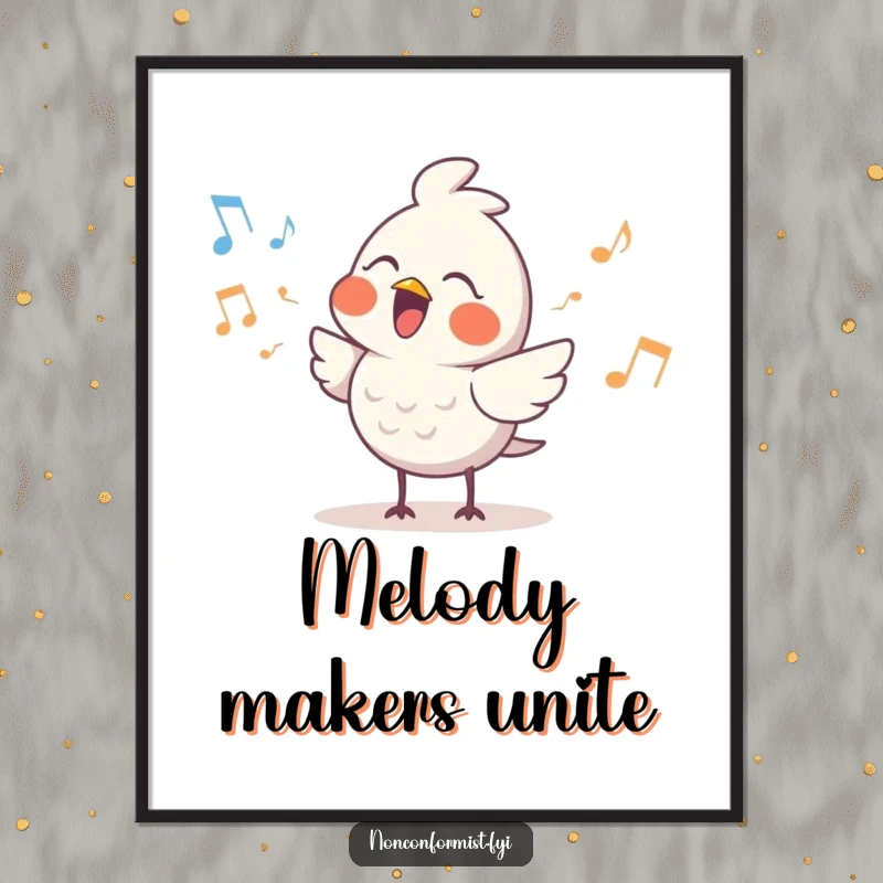 Funny Cute Bird Digital Art Print: A cute bird character joyfully sings a song with a quirky rhythm, a humorous and charming musical illustration.