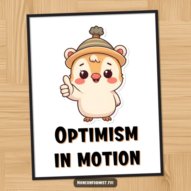 Funny digital art print of a small creature in a quirky hat giving a bright thumbs-up, full of personality and humor.