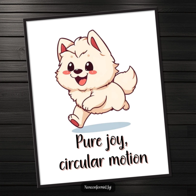Funny Digital Art Print: A fluffy dog character caught in a joyful, dizzy spin while chasing its tail with an ecstatic grin.