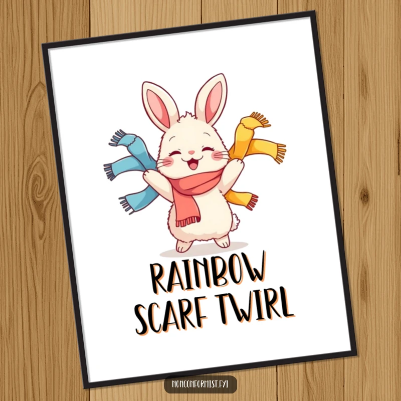 Funny digital art print of a fluffy rabbit character joyfully juggling colorful scarves, radiating pure happiness and vibrant energy.