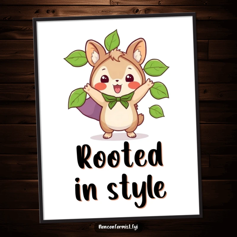 Funny digital art print of a small animal character excitedly wearing a cape made of leaves, full of heroic, natural fun.