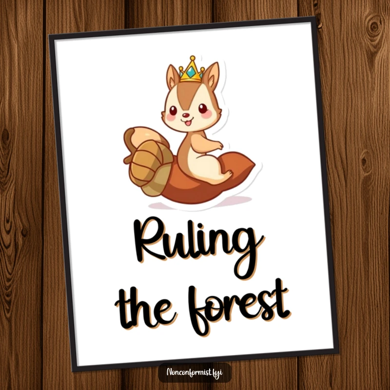 Funny digital art print of a mischievous squirrel king on a rolling acorn, a regal and comical scene.