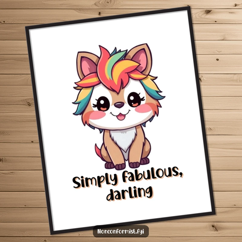 Funny digital art print of a smiling animal with wild, vibrant rainbow streaks in its fur, suitable for lively wall decoration.