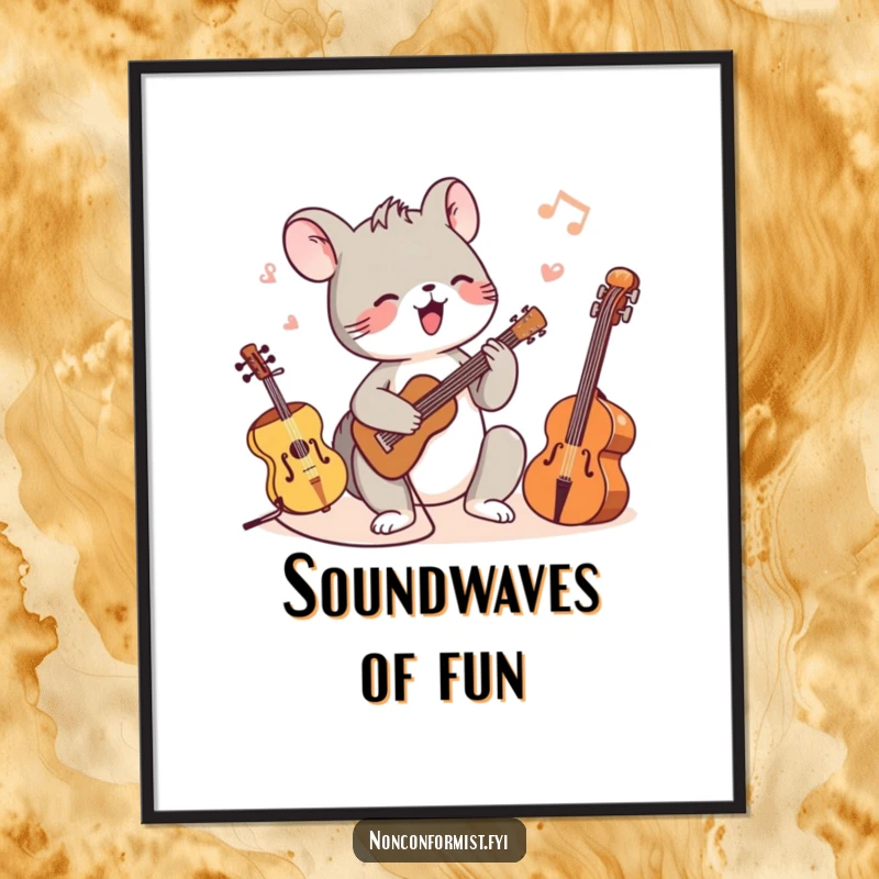 Funny digital art print of a tiny animal character joyfully playing various musical instruments of different sizes, full of energy.