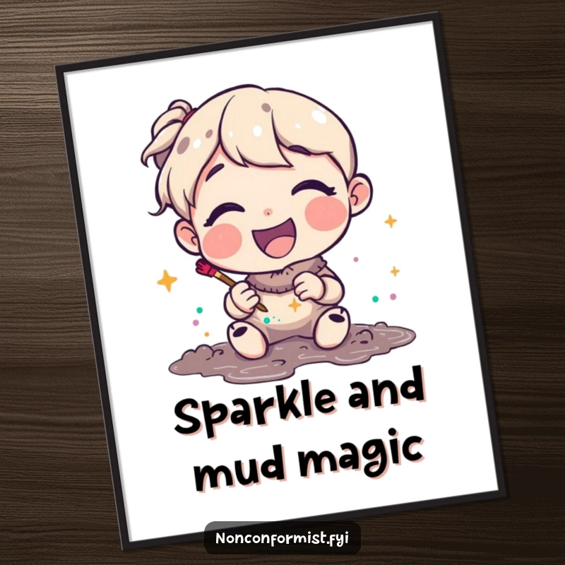 Funny Digital Art Print of a joyful character looking pleased while making art with glitter and mud. A creative and funny gift.