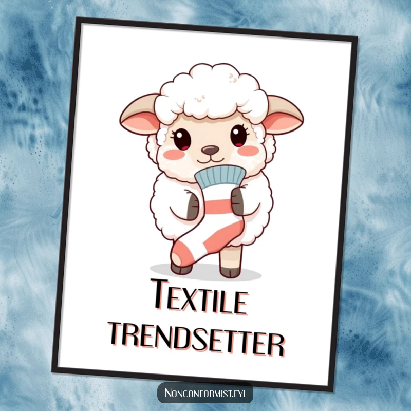 Funny digital art print of a fluffy sheep exuding pride while wearing a mismatched sock, perfect for adding humorous and unique decor.