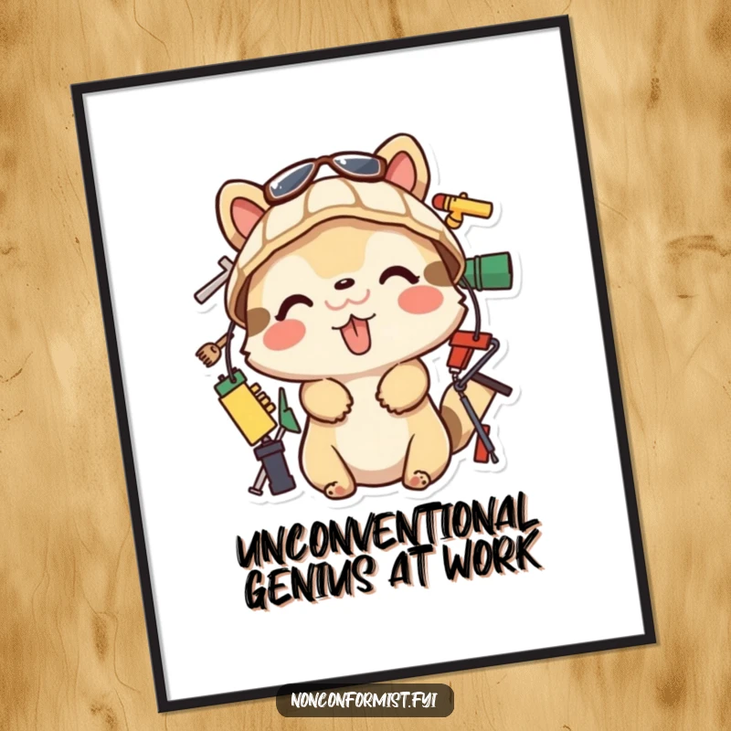 Funny Digital Art Print of a playful animal sticking its tongue out while building. A creative and funny gift.