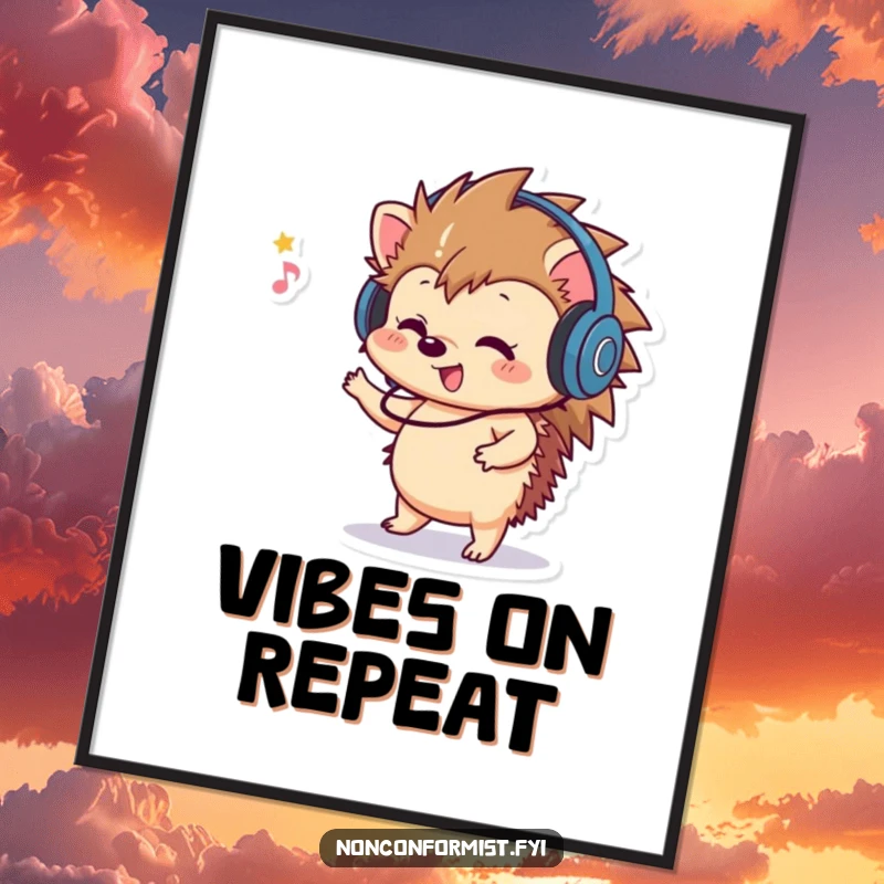 Funny Hedgehog Digital Art Print: A playful hedgehog wearing headphones, dancing to unheard music, perfect for instant decor.