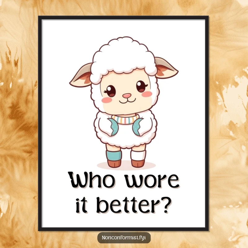 Funny Digital Art Print of a cute sheep in a sassy pose, wearing mismatched socks, ready for instant décor.