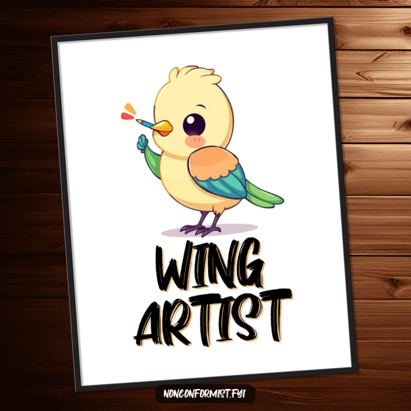 Funny bird digital art print of a colorful character painting a stripe onto its own wing, perfect for inspiring decor.