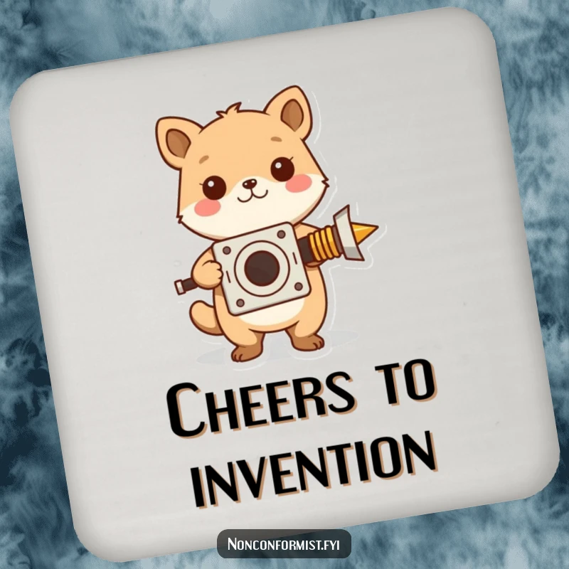 Funny drink coaster with a cute bee character proudly displaying a strange, homemade invention, celebrating creativity.