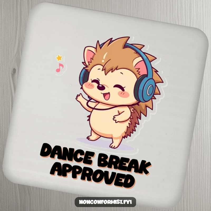 Funny Hedgehog Coaster: A playful hedgehog wearing headphones, dancing to music, adding humorous musical charm.