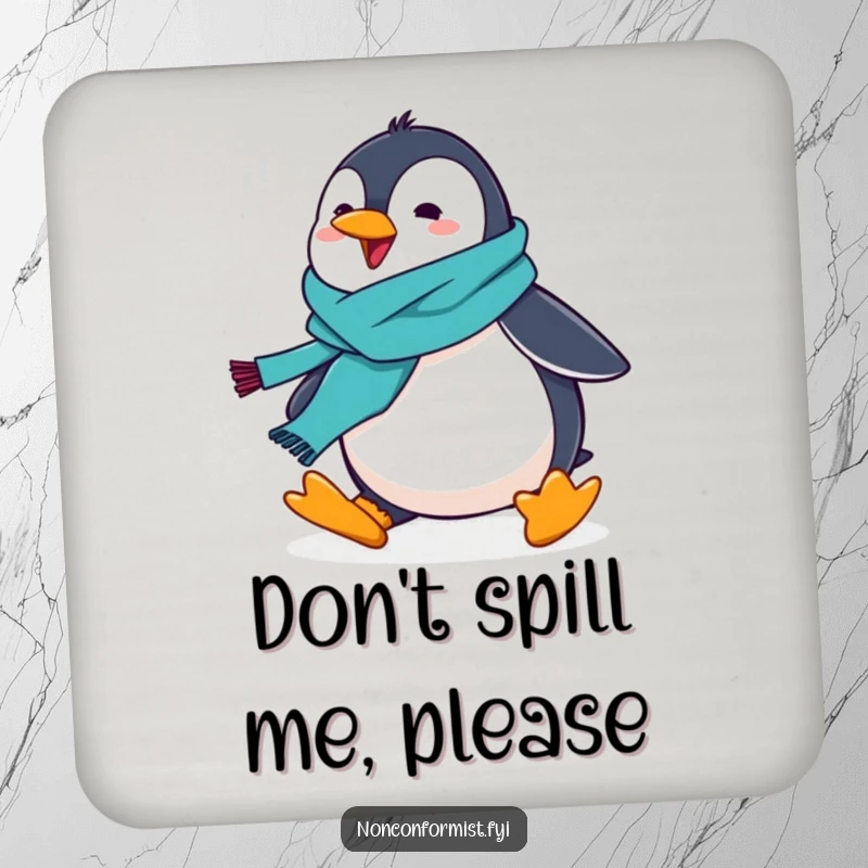 Funny penguin with a scarf, humorously tripping, protecting surfaces, drink coaster art.