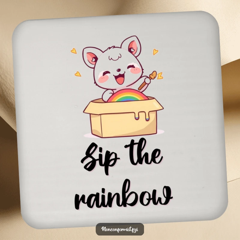 Funny drink coaster featuring a small animal joyfully painting a rainbow inside a box, adding a humorous and protective touch to furniture.