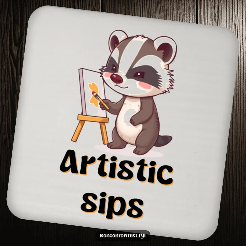 Funny badger with a determined expression painting a crooked canvas on a drink coaster, adding artistic humor.